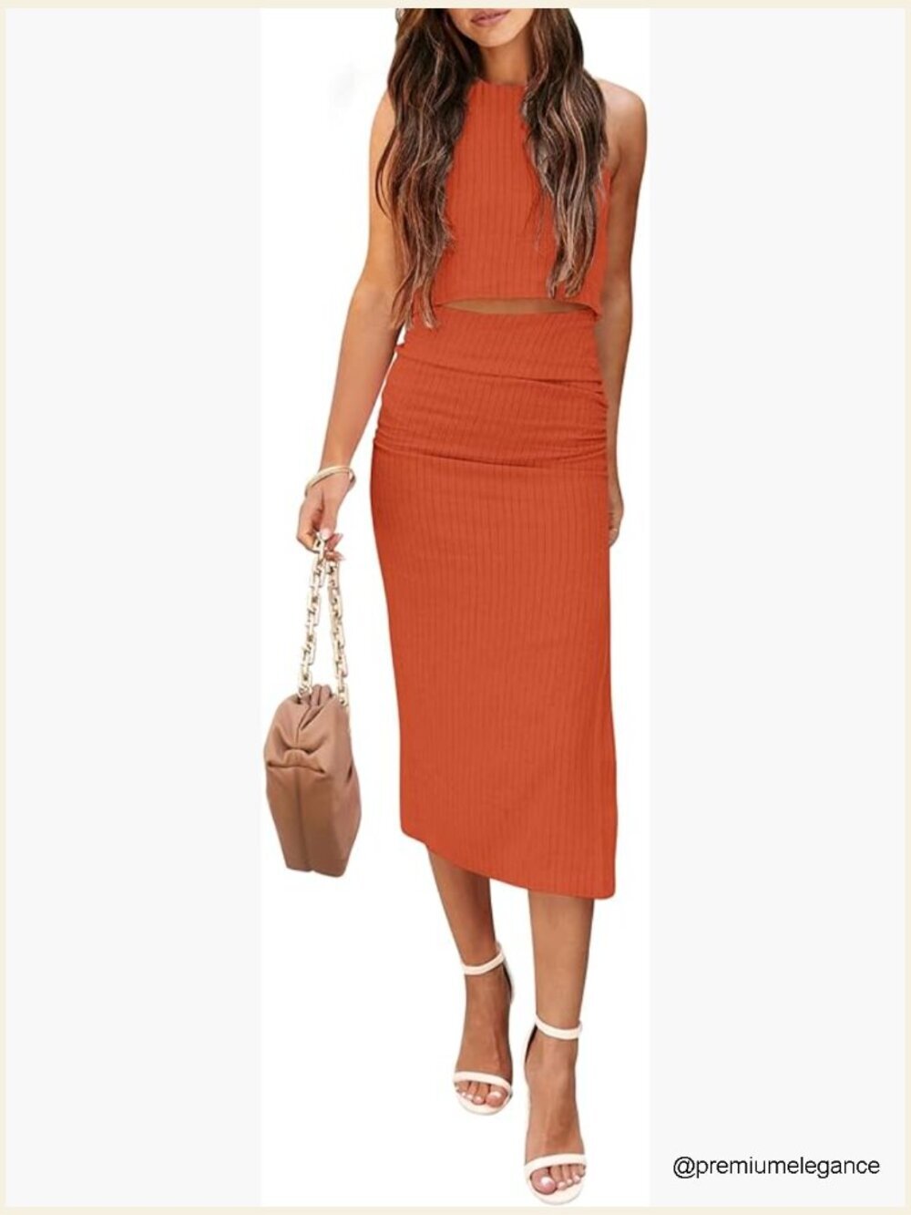 2 Piece Summer Outfits Crewneck Tank Top Split Bodycon Midi Skirt Set